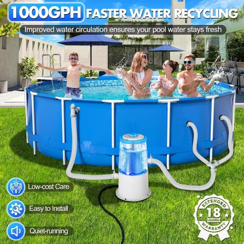 KimPump 1000 GPH Light-Up Pool Filter Pump for Above Ground Pool|Built-in Blue LED Light,Transparent Housing for Real-Time Water Circulation &Filtration Monitor, Pool Cartridge Filter Pump System Cyan
