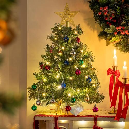 JOIEDOMI 24/2FT Small Tabletop Christmas Tree with Lights with Star Treetop and Hanging Ornaments, Pre-lit Artificial Christmas Green LED Mini Tabletop Tree for Xmas Decorations Indoor Outdoor