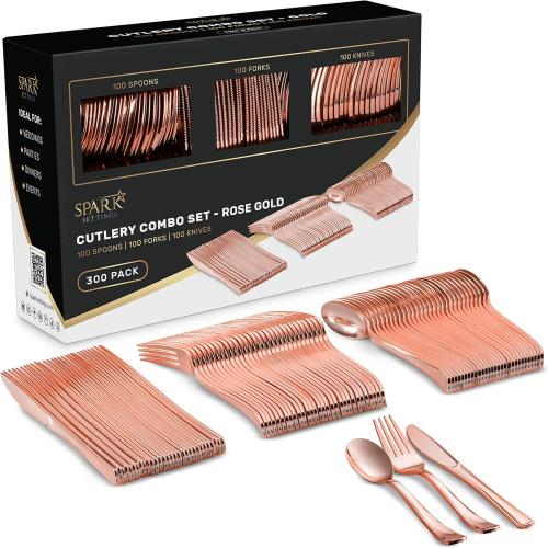 Heavy Duty Plastic Silverware Set - 300 Disposable Rose Gold Utensils (100 Forks, 100 Spoons & 100 Knives) for Party, Birthday, Wedding