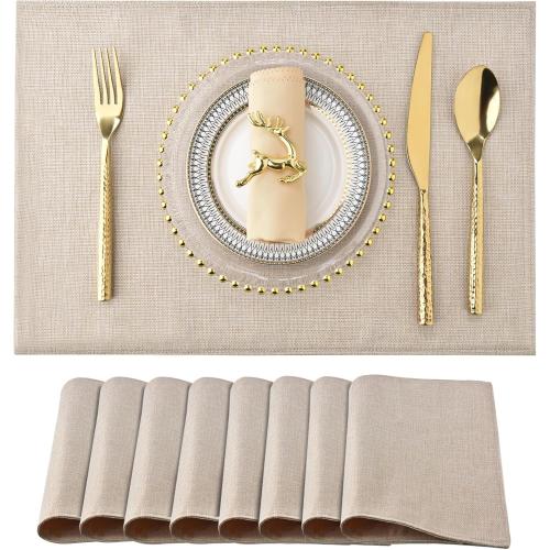 SLKQG Linen-Look Placemats Set of 8, Heat Resistant & Machine Washable Double-Layered Cloth Placemats for Dining Table, Indoor/Outdoor Use, Non-Slip Kitchen Table Mats (8, Light Linen)
