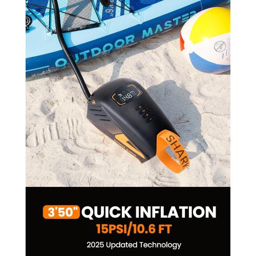 OutdoorMaster Shark 3 Paddle Board Pump Electric 74Wh- 3'50 Fast Inflation | 74Wh Rechargeable SUP Air Pump, One Charge for 4 SUPs,12V/15.8V DC Input, Digital Display, 20PSI, Auto-Off, 8 Nozzles