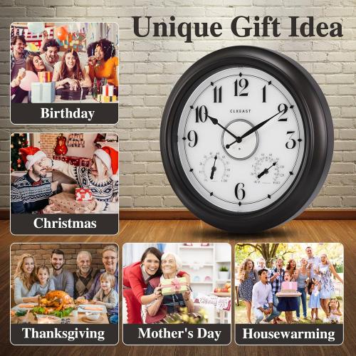 CLXEAST Illuminated Indoor Outdoor Clocks Waterproof 18 inch with Smart Night Light Sensor,Large Wall Clock with Thermometer & Hygrometer,Oil Rubbed Bronze Black,House Warming Gifts New Home