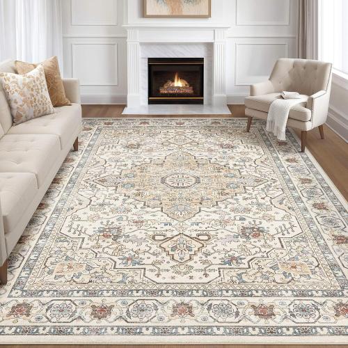 9x12 Area Rug Living Room: Washable Boho Large Neutral Vintage Soft Rugs Stain Resistant Farmhouse Non Slip Indoor Floor Carpet for Bedroom Nursery Kids Playroom Office Dining Room- Cream Blue