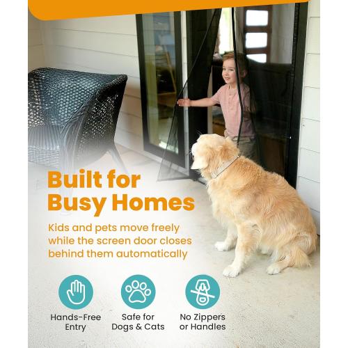 Magnetic Screen Door - Bugs Out, Breeze in - 9min Install Auto-Sealing Heavy Duty Double Stitched Mesh,  Magnets, Hands Free Sliding & Patio Doors Net, Pet & Kid Friendly,