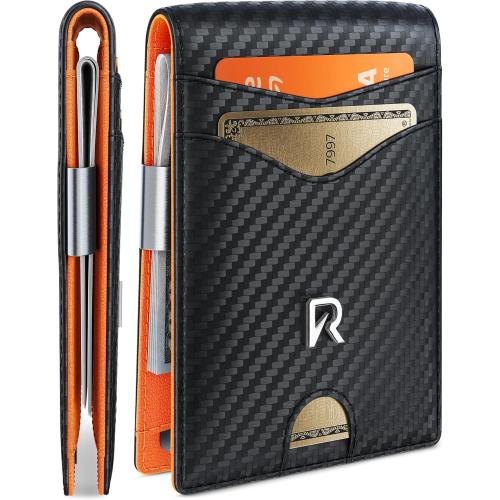 Slim Wallet for Men with Money Clip, Leather RFID Blocking Mens Wallet, Minimalist Credit Card Holder, Front Pocket Bifold - Gift Box Included (Money Clip, Carbon Orange)
