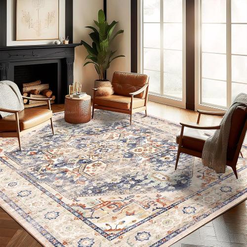 Washable Area Rug 8'x10' Blue Khaki Retro Boho Design Non-Shedding Non-Slip Easy Care Ideal for High Traffic Areas in Living Room Bedroom Office Coffee Table Kitchen Large Carpet