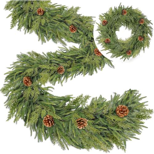 Extra Thick&Lush-6 Ft by 10 Inch Real Touch Norfolk Pine Garland,Christmas Garland Artificial Realistic Soft Thickness Greenery Pine Cypress Pinecones Garlands for Mantle Fireplace Home Indoor Outdoor