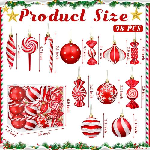 Set of 48 Color Candy cane Christmas Ornaments Candy Lollipop Set -48Pcs for Xmas Tree Decoration Hanging Plastic Gloss Candy Canes Ball Pendants for New Year Home Decor Party Supplies (Red)