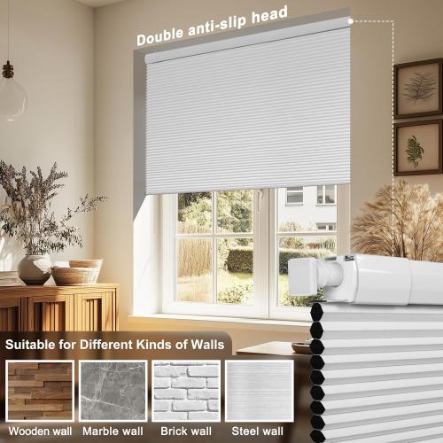 No Drill No Tools Blackout Cellular Shades Easy to Install for Indoor Windows Cordless Honeycomb Blinds Noise Reduction Thermal Insulated,White,34.5 W x 64 H