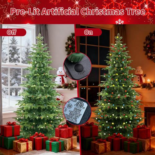 Prelit Christmas Tree 6ft, Artificial Christmas Tree with Lights, 210 Multicolor Lights and Foldable Metal Stand, ETL,PE & PVC Mixed Layered Aspen Fir Green Xmas Tree for Holiday Home Decororation