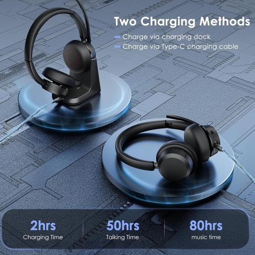 Mopchnic Wireless Headset with Noise Cancelling Microphone, On-Ear Bluetooth Headset with USB Dongle, Mute Function & Charging Base, Wireless Headphones for Work from Home and Call Center (Black)