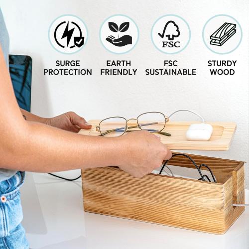 Size small NATURE SUPPLIES | Real Wood Small Cable Management Box Brown | Cord Organizer Box for Power Strips, Adapters, Chargers, USB Hub | Cable Storage Box with Accessories Included | Cord Hider Box Small