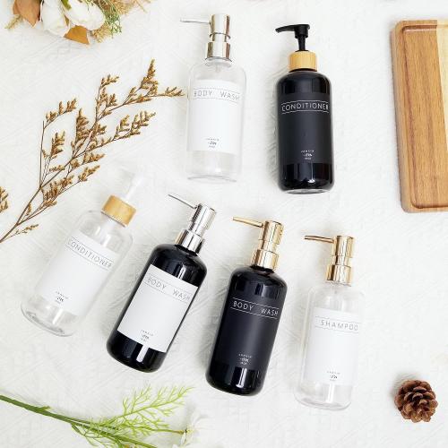 Shampoo and Conditioner Dispenser Set of 3,Modern Refillable 16oz Shampoo and Conditioner Bottles with Pump,Stylish Shower Soap Dispenser with Waterproof Labels for Bathroom (Black)