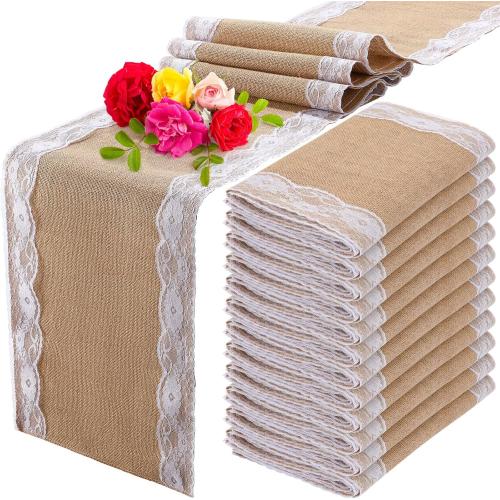 Tatuo 12 Pcs Lace Burlap Table Runner 12'' x 72'' Rustic Jute Hessian Farmhouse Country Vintage Romantic Fabric Cloth for Wedding Birthday Thanksgiving Party(Lovely)