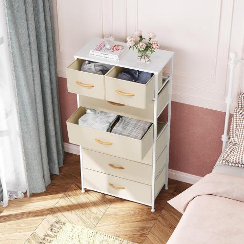 Crestlive Products Vertical Dresser Storage Tower - Sturdy Steel Frame, Wood Top, Easy Pull Fabric Bins, Wood Handles - Organizer Unit for Bedroom, Hallway, Entryway, Closets - 7 Drawers (Beige)