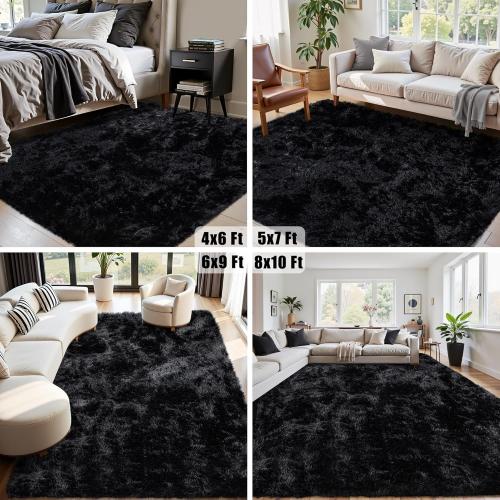 Area Rug for Living Room:Ultra Soft Fluffy Shag Black Rugs,Large Fuzzy Plush Indoor Non Slip Carpet Washable Rug for Bedroom Kids Nursery Office Dorm Modern Decor(Black)