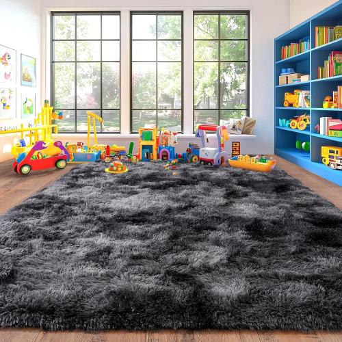 Shaggy Area Rugs, Fuzzy Rugs for Living Room, Soft Nursery Area Rug for Girls, Tie Dye Black Gray Plush Area Rugs Non Slip, Fluffy Rug Carpet