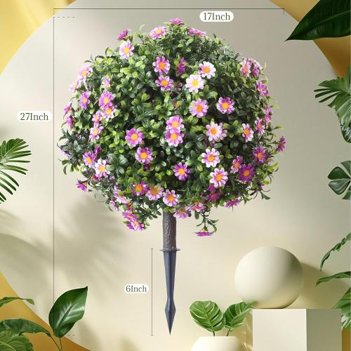 AUMMOOH Artificial Boxwood Topiary Ball Trees Set of 2 – Daisy or Rose Flower – Red or Purple – UV Resistant Stake Plants for Planters Porch Patio Garden Decor(Purple, Daisy)