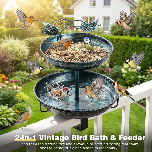 2 in 1 Deck Bird Bath & Feeder for Railing, Metal Birdbath & Birdfeeder with Adjustable Clamp, Detachable Bird Baths Water Bowl, Rustproof Wild Bird Balcony Patio Yard Garden Decor (Lake Blue)
