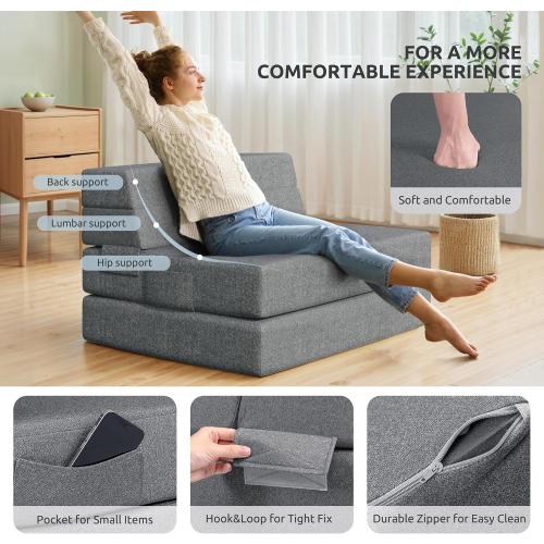 Youzi Folding Sofa Bed, Foldable Mattress for Bedroom and Living Room, 6 Inches Single Four-fold Floor Sofas for Guests, Sofa Bed Chair Floor Mattress with Washable Cover, Dark Gray, 75 x 25 x 6