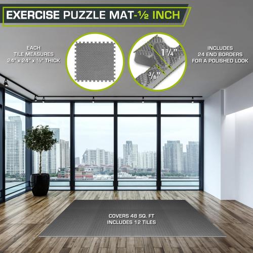 ProsourceFit Puzzle Exercise Mat ½ in, EVA Interlocking Foam Floor Tiles for Home Gym, Mat for Home Workout Equipment, Floor Padding for Kids, Grey, 24 in x 24 in x ½ in, 48 Sq Ft - 12 Tiles