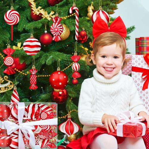 Set of 48 Color Candy cane Christmas Ornaments Candy Lollipop Set -48Pcs for Xmas Tree Decoration Hanging Plastic Gloss Candy Canes Ball Pendants for New Year Home Decor Party Supplies (Red)