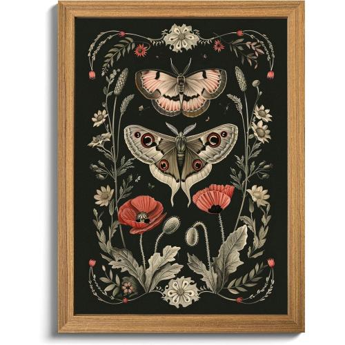 Vintage Framed Wall Art - 3D Textured Classical Style Moth Pictures Wall Decor - Hand Drawn Flowers Nature Art Painting for Living Room Bedroom Home Decor 24x36in