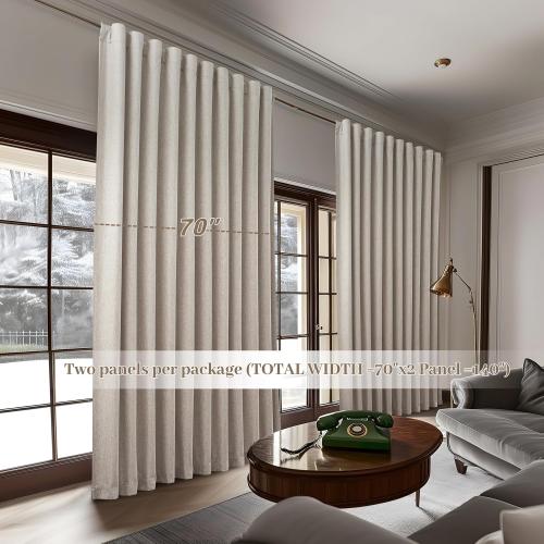 Curtains 70 Inch Length Wide Pleated Blackout Curtain for Sliding Glass Door/Living Room, Farmhouse Natural Linen Thick Boho Bedroom Heavy Insulated Large Window Drapes (70 Wx90 Lx2Panels)