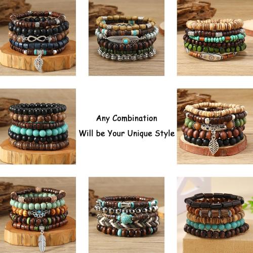 SONNYX 30Pcs Punk Wooden Beads Bracelets Gothic Bracelet for Men Adjustable Vintage Beaded Bracelet Metal Set Wood Bangles Wristbands Commemorative Gift