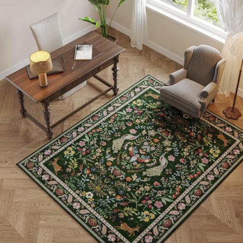 Living Room Rug 5x7 Rug Machine Washable Area Rug Floral Non-Slip Low Pile Large Rugs for Living Room, Bedroom, Farmhouse, Dining Room, Kids Playroom (Emerald Green)
