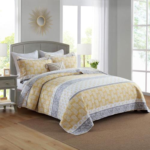 Yellow Quilts Queen Size, Cotton Bed Set, Yellow Grey White Comforter, Striped Bedding Queen Size, Lightweight Luxury Bedspread,3 Piece