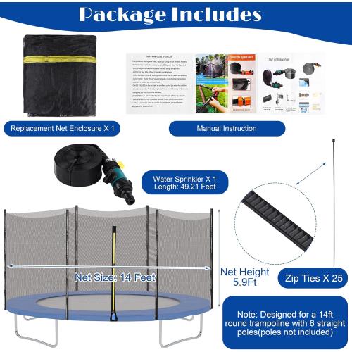 Aodaer Trampoline Net Replacement with Sprinkler 14Ft Safety Enclosure Net Weather Resistant Round Frame Trampoline Net for Round Frame Trampoline