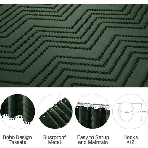 Extra Long Dark Green Boho Shower Curtain with Tassel, Woven Fabric 96 in Shower Curtain, Tufted Chevron Striped, 72 x 96, Modern Chic Textured Minimalist Bathroom Shower