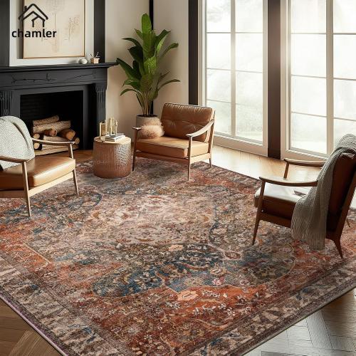 chamler 8x10 Area Rug Washable Vintage Traditional Mat Distressed Indoor Foldable Thin Retro Accent Floral Non Slip Carpet Rugs for Living Room Dining Room Office