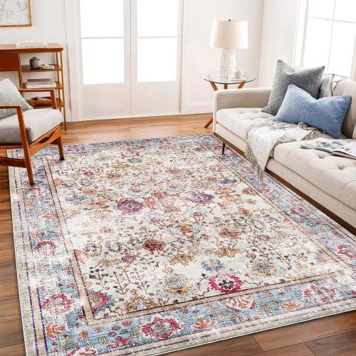 Multicolor 9x12 Washable Area Rug Vintage Traditional Distressed Indoor Foldable Thin Retro Accent Floral Non Slip Carpet Living Room Dining Room Office