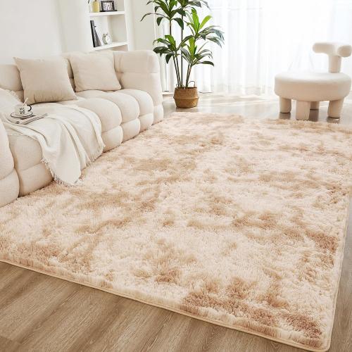 Litanika 4x6 Shag Area Rug for Living Room Bedroom, Tie-Dyed Beige High Pile Soft Plush Shaggy Furry Cream Bedside Playroom Dorm Carpet, Non-Slip, Non-Shedding Modern Indoor Floor Rug