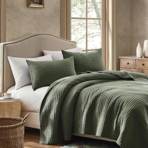 WDCOZY 100% Cotton King Size Quilt Set - Olive Green Striped Pick Stitch Soft Lightweight Bedspread, Textured Like Linen, Farmhouse Country Rustic Coverlet, Shabby Chic Gauze Bedding, 3 Pieces