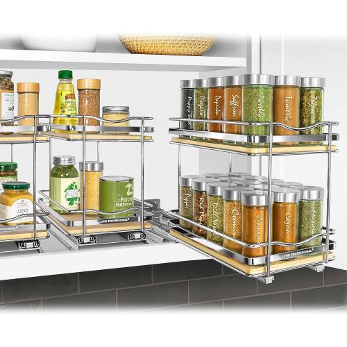 LYNK PROFESSIONAL® Élite™ Pull Out Spice Rack Organizer for Inside Kitchen Cabinets - 6-3/8 inch Wide - Slide Out Drawer – Wood/Chrome Sliding Spice Organization for cabinet - Spice Racks - 2 Tier