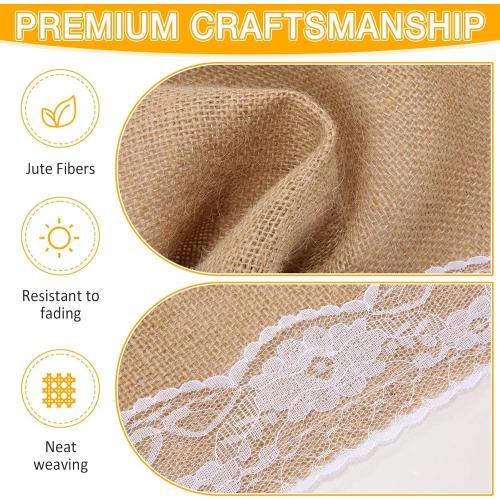 Tatuo 12 Pcs Lace Burlap Table Runner 12'' x 72'' Rustic Jute Hessian Farmhouse Country Vintage Romantic Fabric Cloth for Wedding Birthday Thanksgiving Party(Lovely)