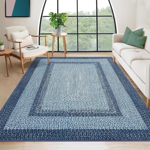 Washable Rug  Boho Accent Carpet Modern Geometric Floor Carpet Indoor Throw Floor Cover Braided Print Rug Low Pile Non Slip Farmhouse Rustic Bohemian Carpet for Living Room Bedroom, Blue