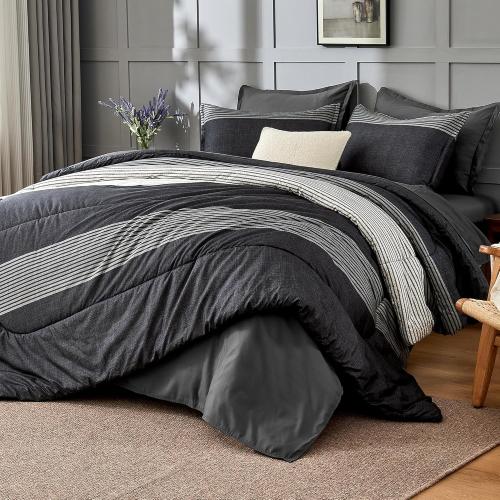 Andency Full Bed in a Bag 7 Pieces Comforter Set - Black White Grey Striped Lightweight Fully Breathable All Season Bedding Set with Comforter, Fitted & Flat Sheet, Pillowcases & Shams