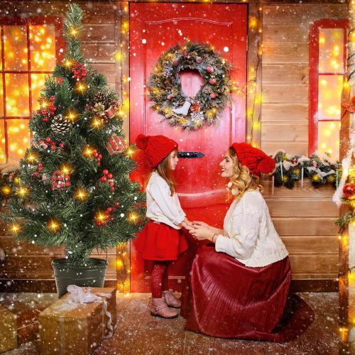 Sosation 2 Pcs 3 ft Artificial Christmas Tree Decor Prelit Tabletop Flocked Christmas Tree with Lights Pine Cones Plasic Base Pre Lit Green Xmas for Indoor Porch Decoration 8 Modes Timer 80 LEDs