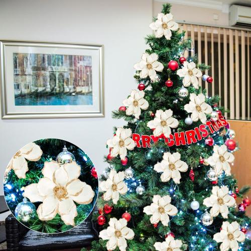 Sggvecsy 10Pcs Christmas Glitter Flowers Christmas Tree Ornaments Artificial Poinsettia Flower Velvet Magnolia Stems Floral Picks for Xmas Wedding DIY Crafts Wreath Party Floral Decorations (White)