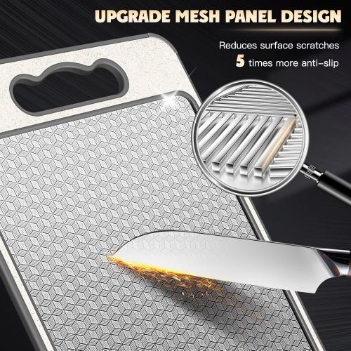 Size 15x10 Stainless Steel Cutting Board, Double Sided Chopping Board for Kitchen, Scratch-resistant Mesh Design, Non Toxic, Juice Groove, Dishwasher Safe, 304 Stainless Steel and Wheat Straw PP (15×10 In）