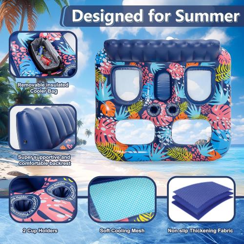 2-Person Inflatable Pool Floats Adult Heavy Duty, 71 x 61 Pool Lounger Float with Cup Holders & Backrest & Removable Insulated Cooler, Thickened Swimming Raft for Pool Party, Lake, Beach, River