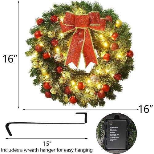Lulu Home 16 Inch Pre-lit Christmas Wreath with Hook, Battery Operated Christmas Wreath Decorative Christmas Balls Hanging Ornament, Artificial Door Wreath 40 Clear LED Lights