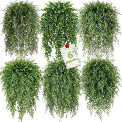 Dingion 6 Pack Artificial Hanging Plants, Fake Greenery Eucalyptus Leaves 41.73 in Large Fake Greenery Plants Persian Black Mondo Grass for Wedding Bridal Shower Home Wall Garden Decoration