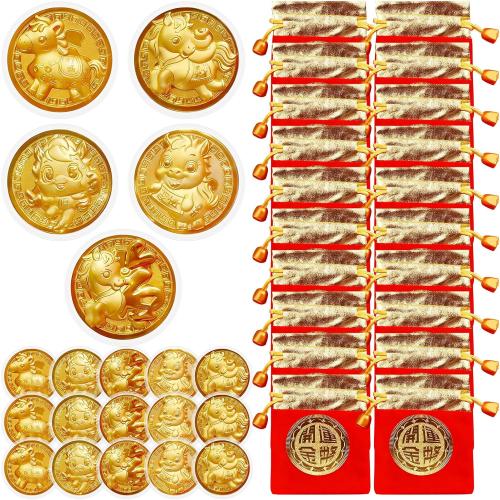 Chinese New Year Coins 2026, Chinese Year of the Horse Coins, 20PCS Lunar New Year Gold Coin Decorations, Zodiac Horse Coin with Fu Bags for Spring Festival Party Gifts Collection Souvenir