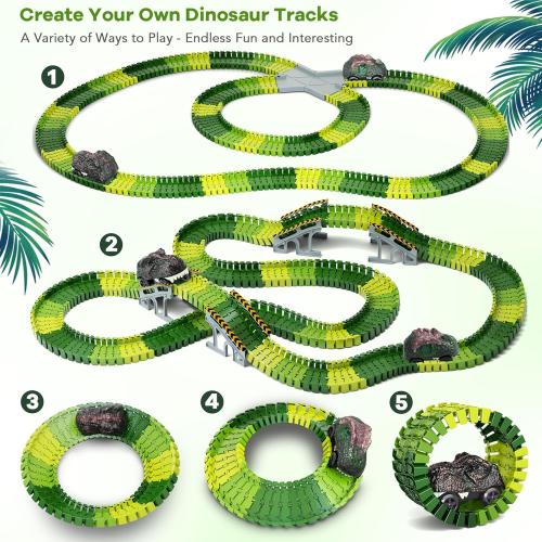 Dinosaur Toys,Create A Dinosaur World Road Race,Flexible Track Playset and 2 pcs Cool Dinosaur car for 3 4 5 6 Year & Up Old boy Girls Best Gift