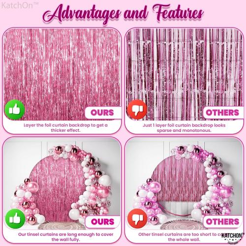 KatchOn, Pink Streamers for Party Decorations - XtraLarge 3.2x8 Feet, Pack of 2, Pink Backdrop Party Decoration Tinsel Curtain Backdrop Foil Fringe Birthday Decorations, Bachelorette, Graduation Decor